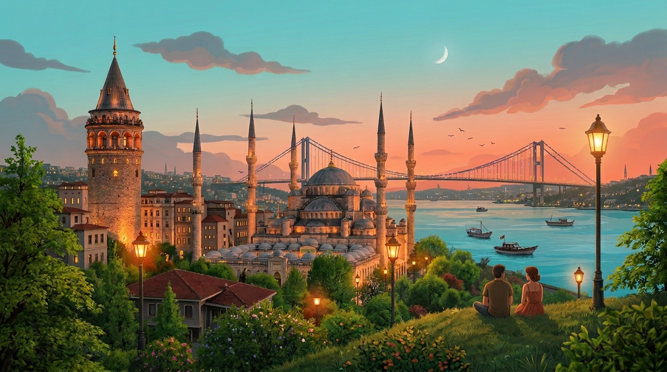 Summer evening skyline of Istanbul over the turquoise Bosphorus